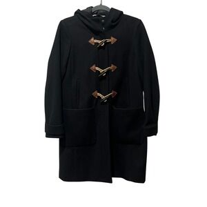 J. Crew Preppy Toggle Coat Black Wool Blend Duffle Hooded Women's 8 Classic